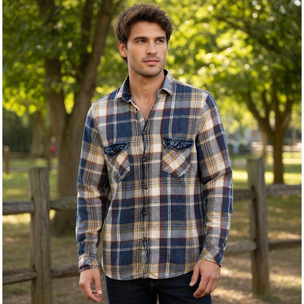 Zara Man‎ Denim Collection Slim Fit Plaid Flannel Shirt Blue Tan Small 3182/400